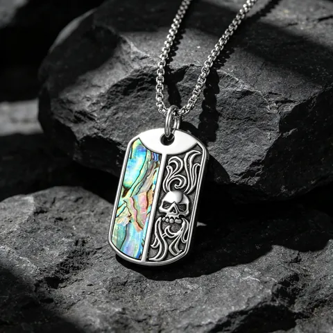 Men Stainless Steel Military Dog Tag Pendant Necklace Skull Flame Relief Abalone Shell Inlay Punk Goth Style