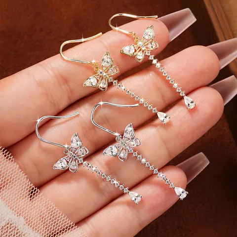 Sweet Butterfly Tassel Ear Hooks With Moissanite Copper Gold Silver Plated Dangle Earrings For Women Ins Style Jewelry