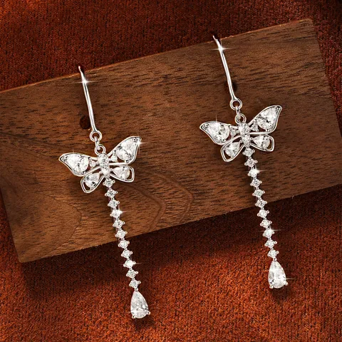 Sweet Butterfly Tassel Ear Hooks With Moissanite Copper Gold Silver Plated Dangle Earrings For Women Ins Style Jewelry