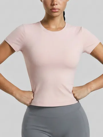 Damen Schmal Geschnitten Schnelltrocknend Sport T-Shirt Rundhals Kurzarm Nylon Elasthan Yoga Fitness Bauchfrei Top