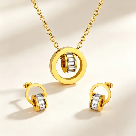 Gold Plated Stainless Steel Cubic Zirconia Necklace And Stud Earrings For Women Trendy Geometric Circle Jewelry Gift