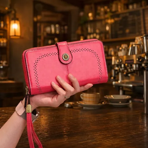 Women Long Wallet PU Leather Sunflower Buckle Hollow Out Wristlet Clutch Elegant Fashion Multi Card Slots Zippered Phone Pouch