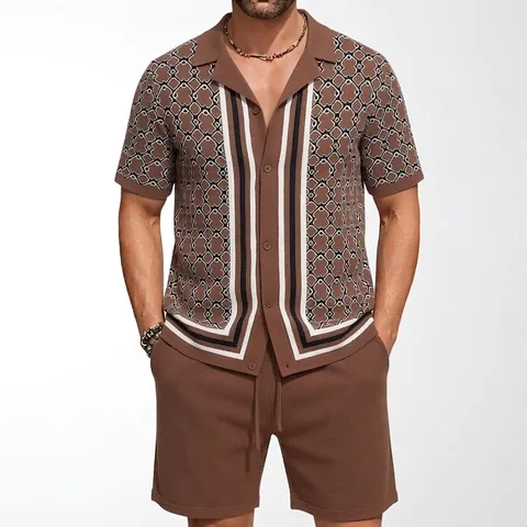 Men's Cuban Collar Knit Top And Bottom Summer Jacquard Short Sleeve Shirt And Shorts Viscose Casual Outfit