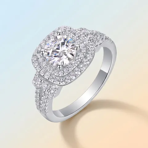 Luxury 1 Carat Round Cut Moissanite Ring 925 Sterling Silver Double Halo Inlaid Pavé Engagement Wedding Ring For Women Jewelry