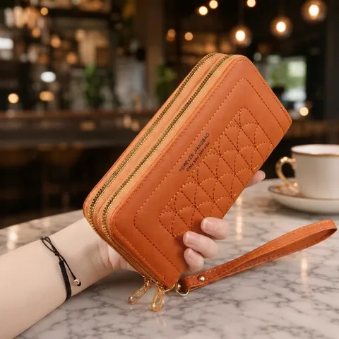Women Long Wallet Double Zipper Clutch Purse PU Leather Large Capacity Quilted Embroidery With Detachable Wristlet Strap