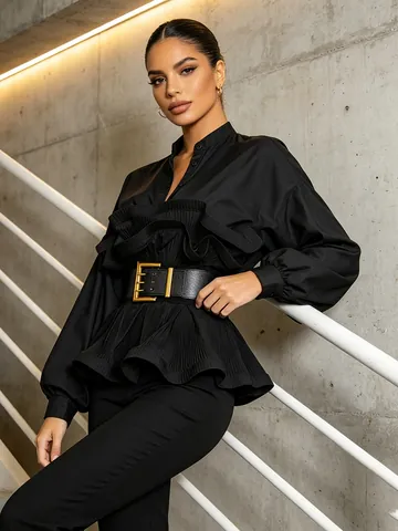 Elegant Ruffle Pleated Blouse With Wide Belt Gold Buckle Stand Collar Lantern Sleeve Solid Color Office Fashion Shirt Top