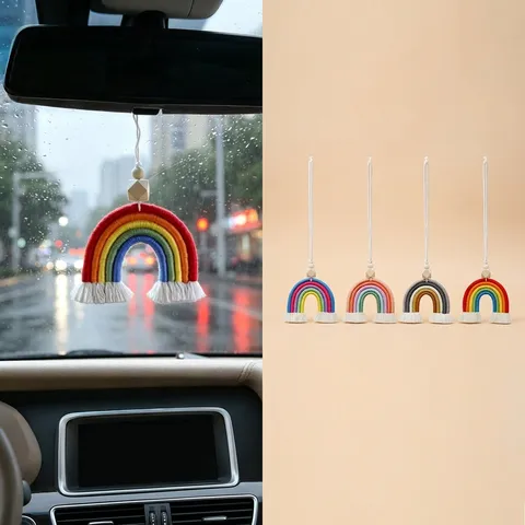 Handmade Woven Rainbow Car Hanging Ornament Bohemian Cotton Rope Tassel With Wooden Beads Bag Charm Home Decor