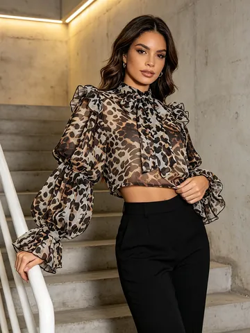Chemisier Femme Sexy Transparent en Mousseline Imprimé Léopard Noir Col Montant avec Nœud Manches Bouffantes Rétro