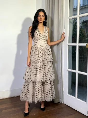 Vintage Polka Dot Halter V-Neck Tiered Mesh Maxi Dress Women Retro Romantic Banquet Party Sleeveless Tulle Cake Dress