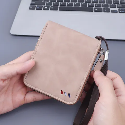 Mens Short Zipper Wallet Matte PU Leather Multi Card Slots Retro Business Purse With Wrist Strap Decorative Stripe
