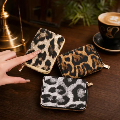 Tarjetero De Acordeón Con Estampado De Leopardo Para Mujer Cuero PU Mini Monedero Con Cremallera Cartera De Moda