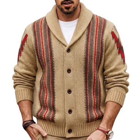 Men Japanese Retro Shawl Collar Striped Cardigan Thick Knitted Sweater Jacket Jacquard Long Sleeve Top For Autumn Winter