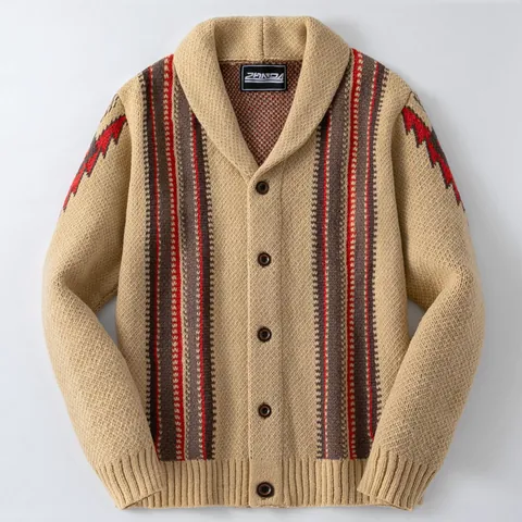Men Japanese Retro Shawl Collar Striped Cardigan Thick Knitted Sweater Jacket Jacquard Long Sleeve Top For Autumn Winter