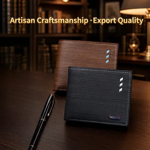 Men Short Bifold Wallet PU Leather Horizontal Texture Minimalist Business Purse With Zipper Pocket Card Slots