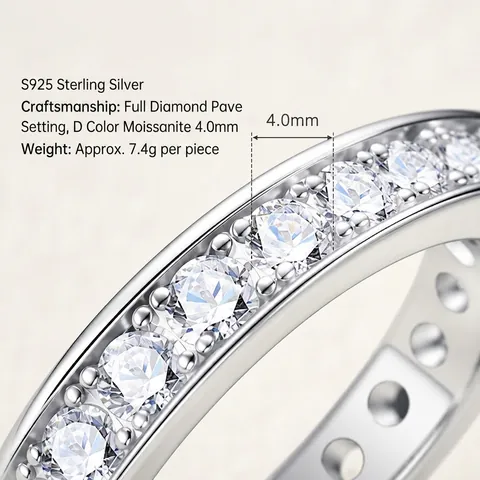 925 Sterling Silver Moissanite Eternity Ring For Women Pave Set Round Cut Lab Grown Diamond Engagement Wedding Band Fine Jewelry