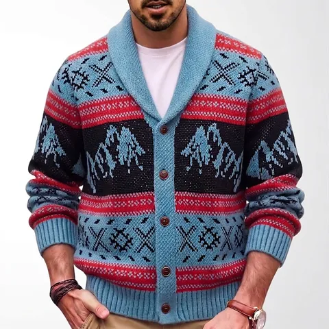 Herren Retro Ethno-Stil Jacquard Schalkragen Strickjacke Dicke Strickpullover Mantel Lässige Winter Warme Polyester Top