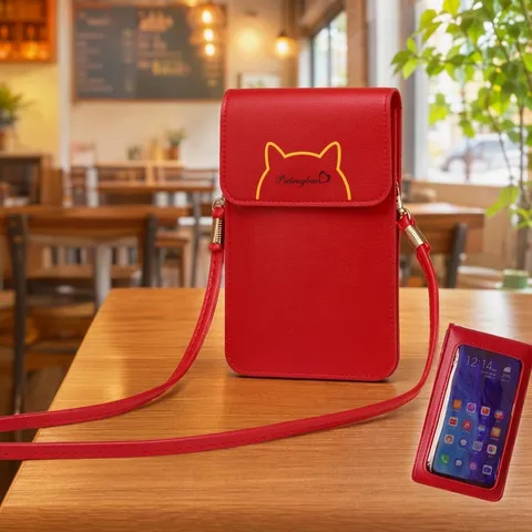 Women PU Leather Mobile Phone Crossbody Bag With Touch Screen Window Cute Cat Ear Embroidery Vertical Small Handbag