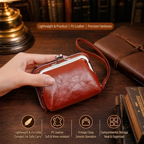 Women Retro Coin Purse Oil Wax PU Leather Wallet Metal Kiss Lock Zipper Multi Card Slots Handheld Clutch Wristlet