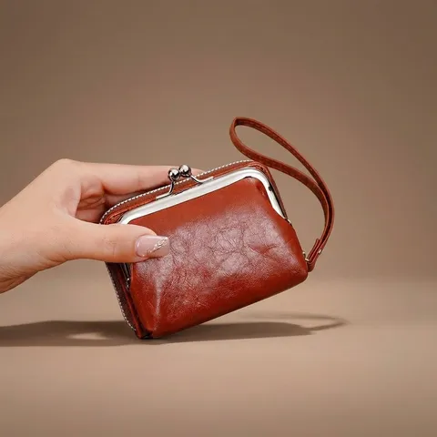 Porte-monnaie Rétro Femme Portefeuille Cuir PU Ciré Fermoir Baiser Métallique Fermeture Éclair Multi-emplacements Cartes