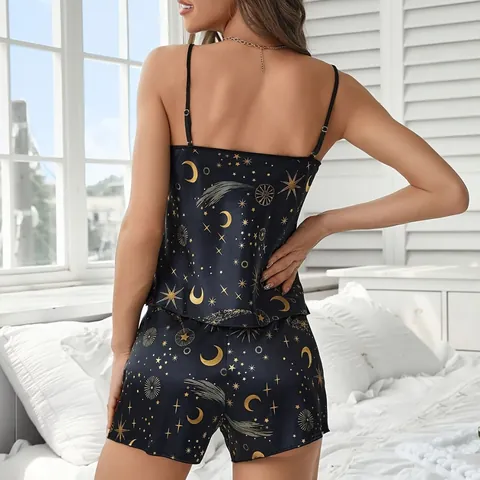 Women's Satin Starry Sky Print V-Neck Cami And Shorts Pajama Top And Bottom Sleeveless Nightwear Loungewear