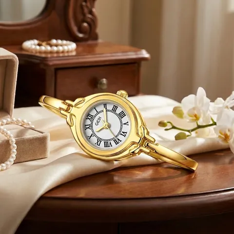 GEDI Women Retro Bangle Watch Minimalist Alloy Quartz Bracelet Watch With Roman Numerals Simple Elegant Ladies Jewelry Watch
