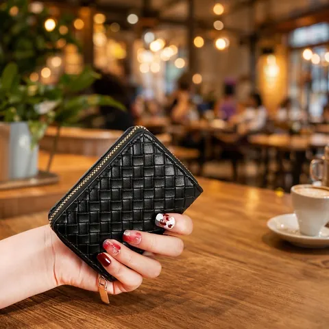 Gewebtes PU Leder Akkordeon Kartenhalter Portemonnaie Reißverschluss Kreditkartenetui Tragbarer Minimalistischer Taschenorganisator