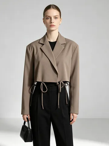 Women Designer Hollow Out Lace Up Blazer Jacket Cotton Blend Waist Cut Out Long Sleeve Streetwear Suit Coat Khaki Purple