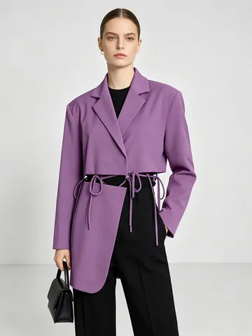 Women Designer Hollow Out Lace Up Blazer Jacket Cotton Blend Waist Cut Out Long Sleeve Streetwear Suit Coat Khaki Purple