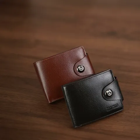 Men Bifold Wallet PU Leather Business Lychee Grain Card Slots Zipper Coin Pocket Snap Closure Casual