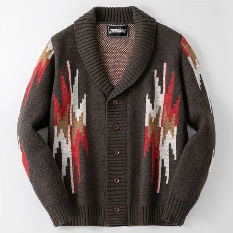 Men's Vintage Geometric Jacquard Cardigan Sweater Japanese Retro Thickened Shawl Collar Knit Outerwear Top