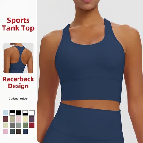 Women Racerback Sports Bra With Chest Pad Quick Dry Solid Color Yoga Tank Top High Elastic Gym Workout Athletic Crop Top