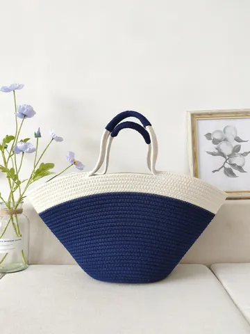 Borsa A Mano Intrecciata Corda Di Cotone Colore A Contrasto Grande Capacità Vacanza Spiaggia Borsa Tote Moda Donne