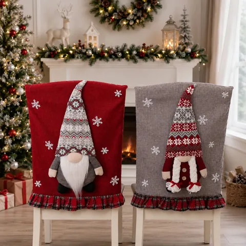 Christmas Gnome Dining Chair Back Cover Printed Snowflake Cartoon Pattern Chair Decor For Holiday Home Party Decoration