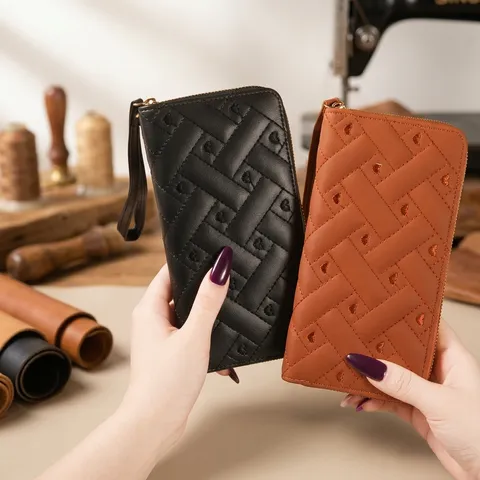 Women Long Wallet Quilted Heart Embroidery PVC Leather Zipper Clutch With Wristlet Large Capacity Card Holder Phone Bag