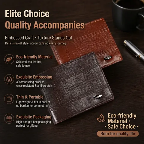 Men Horizontal Folding Wallet PU Leather Litchi Grain Embossed Short Purse Multiple Card Slots ID Window Business Casual