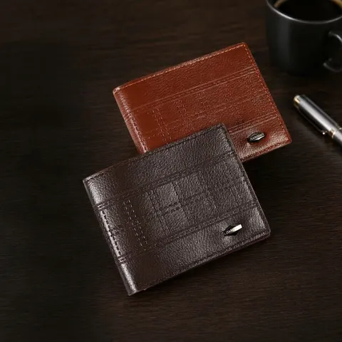 Men Horizontal Folding Wallet PU Leather Litchi Grain Embossed Short Purse Multiple Card Slots ID Window Business Casual