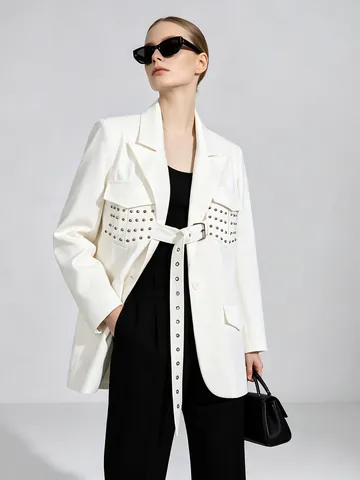 Chaqueta Blazer Holgada con Remaches Streetwear para Mujer con Cinturón Manga Larga Color Sólido Patchwork Oficina Moda Blanco Top