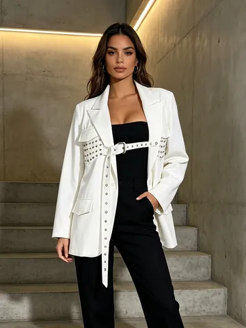 Chaqueta Blazer Holgada con Remaches Streetwear para Mujer con Cinturón Manga Larga Color Sólido Patchwork Oficina Moda Blanco Top