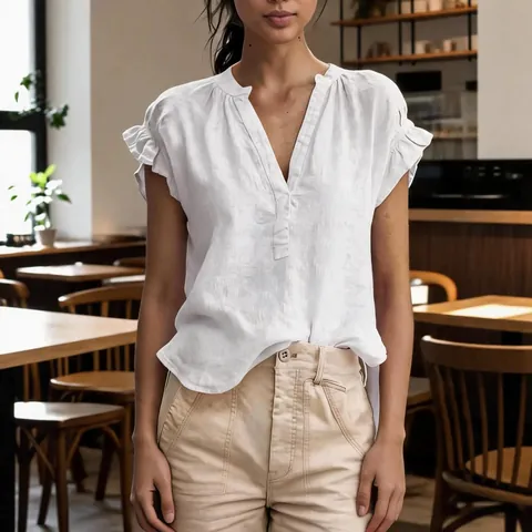 Bohemian Casual V-Neck Short Sleeve Cotton Linen Women Top Ruffle Sleeve Solid Color Summer Blouse For Ladies