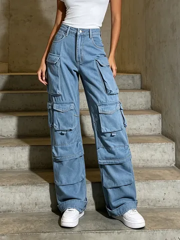 Women High Waist Cargo Wide Leg Pants Multi Pockets Streetwear Acid Wash Distressed Polyester Blend Long Trousers