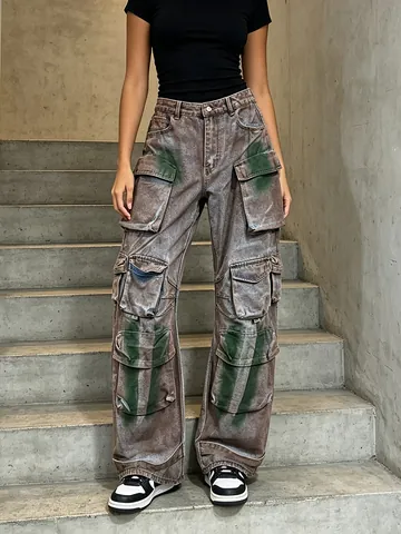 Women High Waist Cargo Wide Leg Pants Multi Pockets Streetwear Acid Wash Distressed Polyester Blend Long Trousers