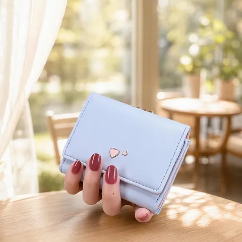 Women Small Wallet Tri-fold Heart Buckle PU Leather Multi Card Slots Coin Purse Compact Fashion