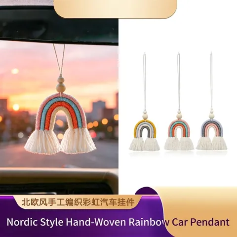 Hand Woven Rainbow Hanging Ornament Macrame Cotton Rope Wooden Beads Car Rearview Mirror Aromatherapy Diffuser Bohemian Style