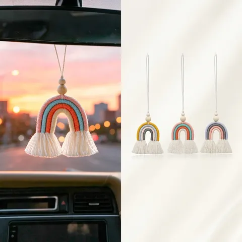 Handgewebtes Regenbogen-Hängeornament Macramé Baumwollseil Holzperlen Auto Rückspiegel Aromatherapie Diffusor Boho-Stil
