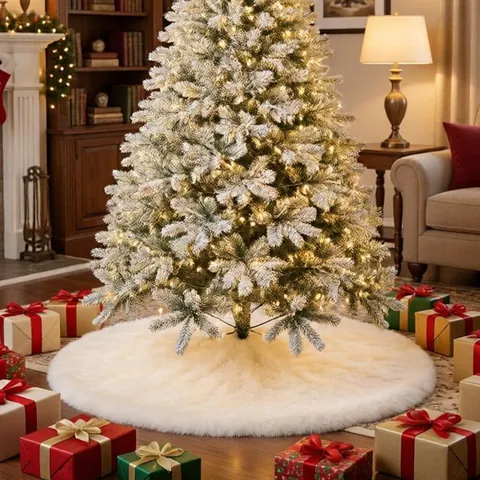 Modern Plush Faux Fur Christmas Tree Skirt Solid Color Round Base Apron Ornament For Living Room Holiday Party Decorations Home Decor