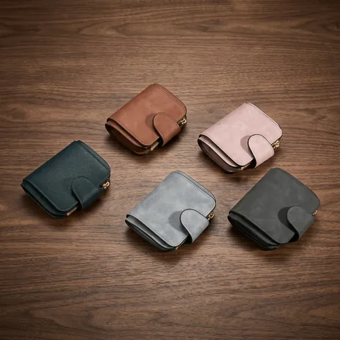 Portefeuille Court Pliant Pour Femmes Cuir PU Mat Multi Emplacements Cartes Poche Monnaie Fermeture Éclair Vintage