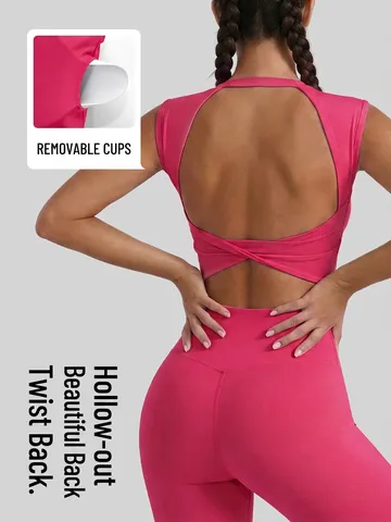 Women's Twist Cut-Out Back Sports Bra Removable Pads Sleeveless Fitness Tank Top Polyester Spandex Workout Gym Crop Top