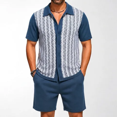 Heren Casual Gebreide Jacquard Set Viscose Korte Mouw Knoop Vest En Shorts Met Trekkoord Vakantie Stijl Top And Bottom