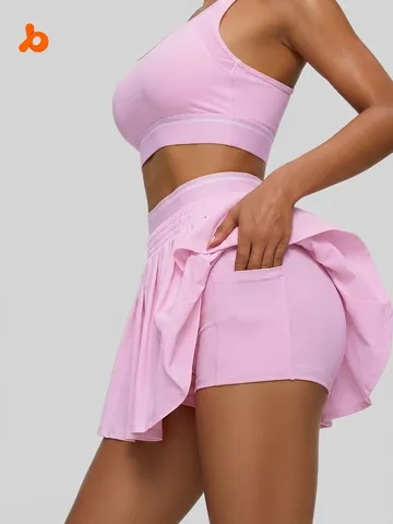 Women's Double Waistband Tennis Skirt High Waist Pleated Running Sport Skort With Built-in Shorts Fitness Active Wear Bottom