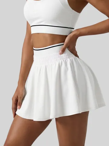 Women's Double Waistband Tennis Skirt High Waist Pleated Running Sport Skort With Built-in Shorts Fitness Active Wear Bottom